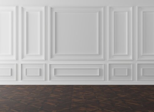 Classic wall, empty interior with wall panels and a wood, reflective floor. Modern minimalist interior with panels on the wall. 3D render, 3D illustration.