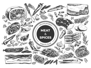 510_meat and spices meat, pork, beef, prosciutto, jamon, ham, idea, tenderloin, neck, brisket, spice set, pepper, onion, garlic, peas, sliced ​​pieces, rosemary, cilantro, graphic frame set, engraving
