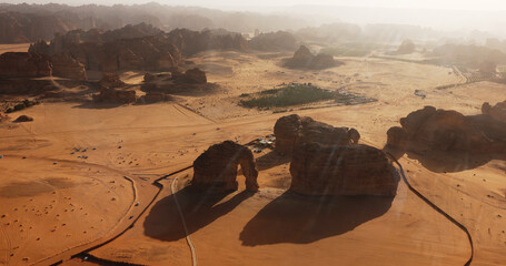 Evening aerial views of Elephant Rock (Jabal AlFil) in Al Ula, Western Saudi Arabia
