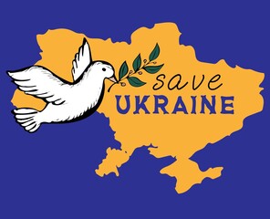Obraz premium Save Ukraine. Ukraine map silhouette and flying bird as a symbol of peace in blue and yellow colors of ukrainian flag. Patriotic symbol. Vector illustration