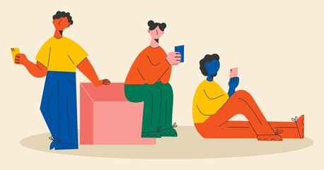Young people with phones, chatting, reading. Female and male characters. Multicolored bright illustration. Flat cartoon hand drawn vector.