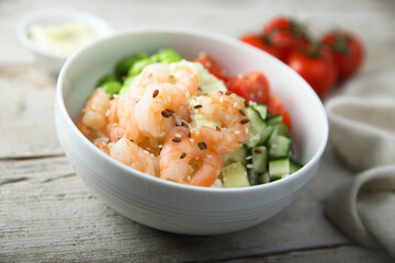 Homemade rice bowl with shrimps and vegetables