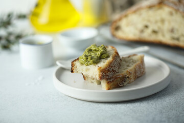 Healthy artisan bread with homemade pesto