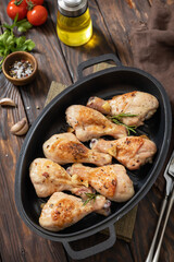 Baked grilled chicken legs  with rosemary on a wooden table.