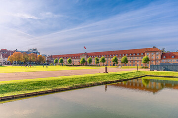 Central pavilion of Rosenborg Barracks of the Royal Danish Life Guard located next to Rosenborg Castle in Copenhagen, Denmark.