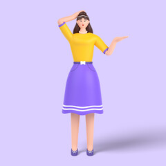 3d female character confused and annoyed with open palm showing copy space and holding hand on head