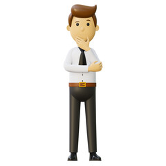 3d man. Businesswoman in suit. Office worker thinking about a new idea. 3D illustration, isolate. A friendly employee of the company thought about important issues. Illustration in cartoon style.