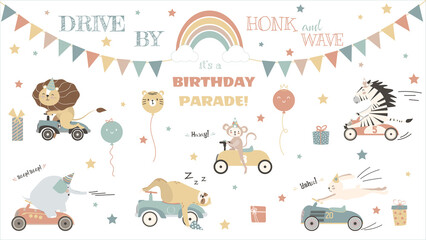 Collection of Safari drive-by birthday parade theme illustrations. Cute animals in a car, lion, zebra, elefant, monkey, sloth, rainbow and clouds, balloons, gift boxes, and stars.