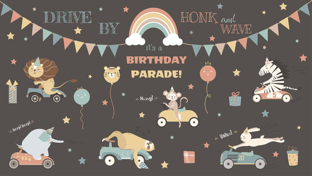 Collection of drive-by birthday parade theme illustrations. Cute animals in a car, lion, zebra, elefant, monkey, sloth, rainbow and clouds, balloons, gift boxes, and stars.