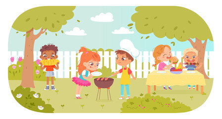 Obraz premium Children on barbecue party, happy kids eating bbq food on picnic in garden or backyard