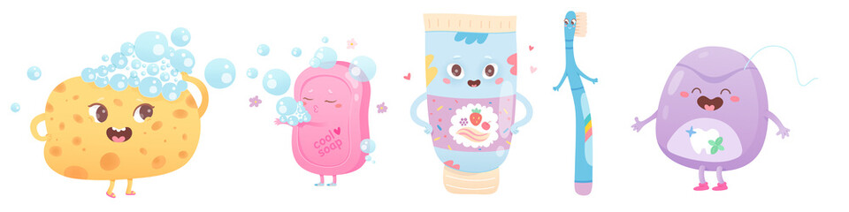Cute hygiene characters set, funny toothpaste, toothbrush and dental floss to brush teeth