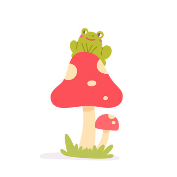 Funny green adorable frog sitting on fly agaric mushrooms, cute forest toad and toadstool