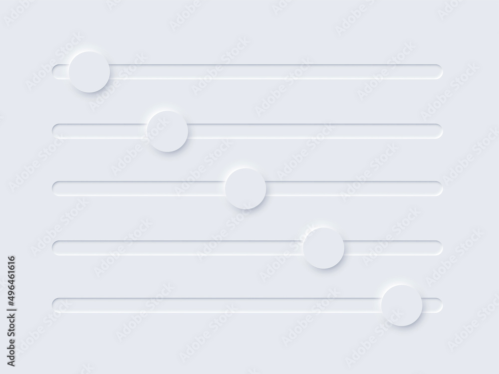 Poster neomorphism ui, switch volume slide bar set, soft user interface, slidebars for sound
