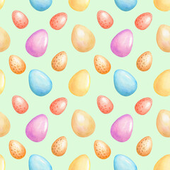 Watercolor seamless easter eggs pattern isolated on light green. 
