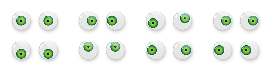 Toy eyes set vector illustration. Wobbly plastic open green eyeballs of dolls looking up, down, left, right, crazy round parts with black pupil collection isolated on white background