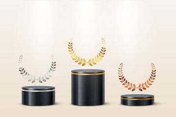 3d black cylinder podium set, pipe platforms with gold, silver and copper laurel wreath