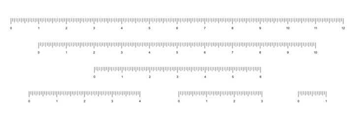 Set of rulers to measure length in inches vector illustration. Simple school instrument with English system measures scales for measurement 12, 10, 6, 4, 3, 1 inches, collection for math background.