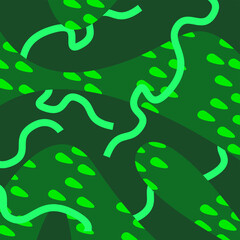 Vector illustration is an abstract chaotic pattern with random spots, wavy lines and drops on a bright green background. Concept - abstract art