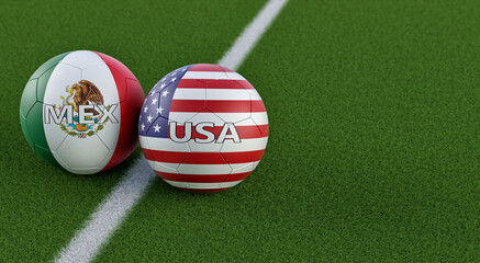 Mexico vs. USA Soccer match - Soccer balls in Mexico and USA national colors. 3D Rendering  - 496461802
