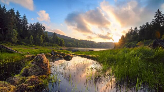 Gorgeous morning at the lake, time lapse of beautiful sunrise and colorful moving clouds reflected in the water surrounded by meadows and forests
