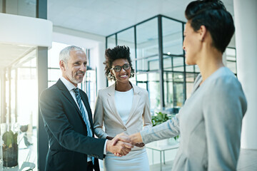 Theyre always happy to add members to the team. Shot of businesspeople shaking hands in an modern...