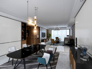 3D rendering, spacious dining room design next to the modern kitchen, with a beautiful dining table and greenery