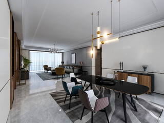 3D rendering, spacious dining room design next to the modern kitchen, with a beautiful dining table and greenery