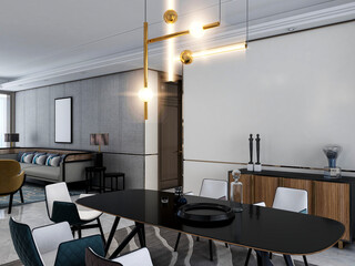 3D rendering, spacious dining room design next to the modern kitchen, with a beautiful dining table and greenery