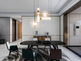 3D rendering, spacious dining room design next to the modern kitchen, with a beautiful dining table and greenery