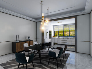 3D rendering, spacious dining room design next to the modern kitchen, with a beautiful dining table and greenery