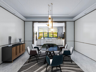 3D rendering, spacious dining room design next to the modern kitchen, with a beautiful dining table and greenery