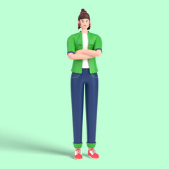 3d female character standing and thinking with arms crossed pose