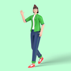 3d female character walking go waving hand say hello