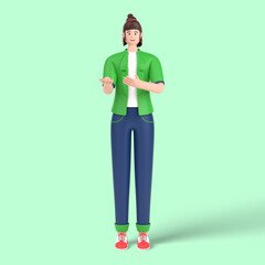 3d female character pointing away hands together and showing or presenting something while standing and smiling.