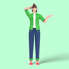 3d female character confused and annoyed with open palm showing copy space and holding hand on head