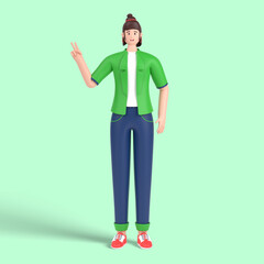 3d female character showing fingers doing victory sign, number two