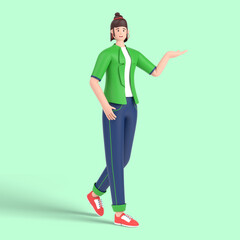 3d female character showing empty copy space on open hand palm