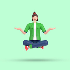 3d female character sitting in yoga meditation pose with open palm showing copy space 