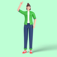 3d female character showing and pointing up with fingers number two, victory sign