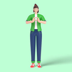 3d female character showing heart with two hands, love sign.