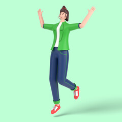3d female character jumping and celebrates success