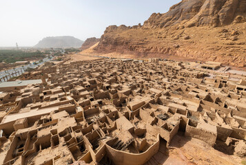 Aerial views of the Al Ula old town ancient mud buildings, north western Saudi Arabia 
