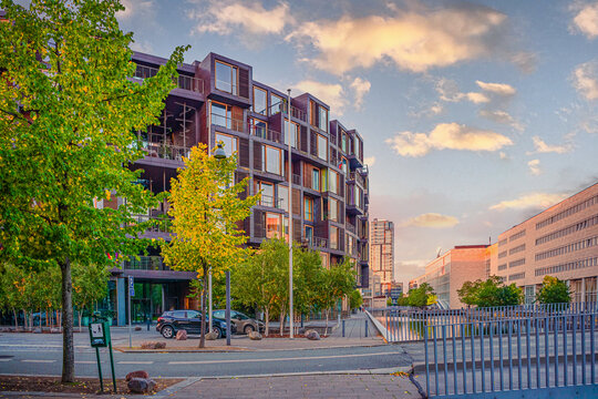 view of the Tietgen Student Hall Tietgenkollegiet, Emil Holms Kanal,  and the institute of English, Germanic and Romance languages Engerom from the University of Copenhagen, Denmark