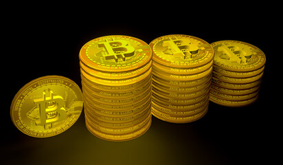 3D render bitcoin coin tight bitcoin cybto digital money golden glow on black background, coins on black background