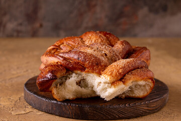 sweet twisted cinnamon bun, close-up