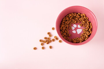 cat food in a round ceramic bowl on a pink background, flat lay