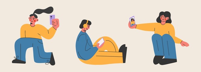 Happy women and a man in bright clothes take pictures on the phone, listen to music, take a selfie. Modern illustration, cartoon style, flat design. Vector illustration.