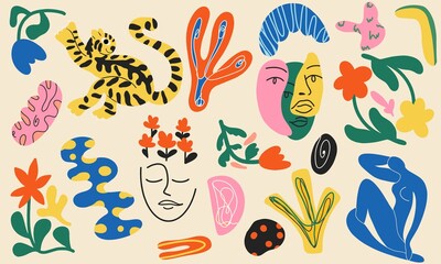 Set of trendy doodle and abstract nature symbols on isolated white background. Big summer collection, random organic shapes in freehand art Matisse style. Includes people, flower art, animals.