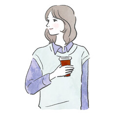 オフィス　女性　ベクター　水彩　コーヒー　イラスト