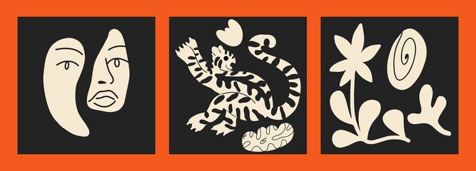 Set of abstract posters, various doodles. Black and white colors. Human face, tiger and flowers. Flat design, cartoon, vector illustration. All elements are isolated.